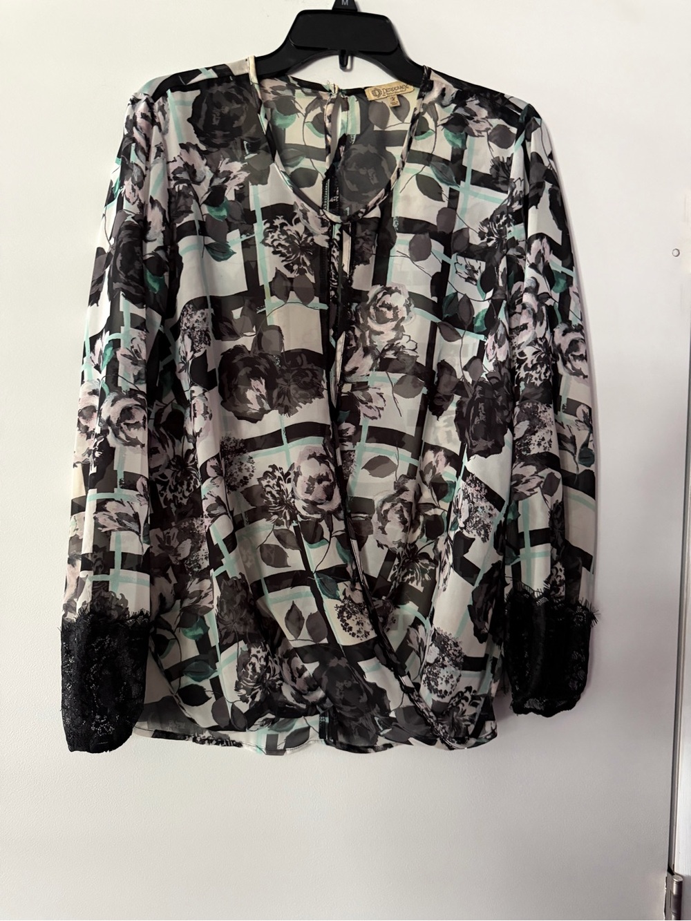 Democracy Floral Tie-Neck Blouse in Black and Mint